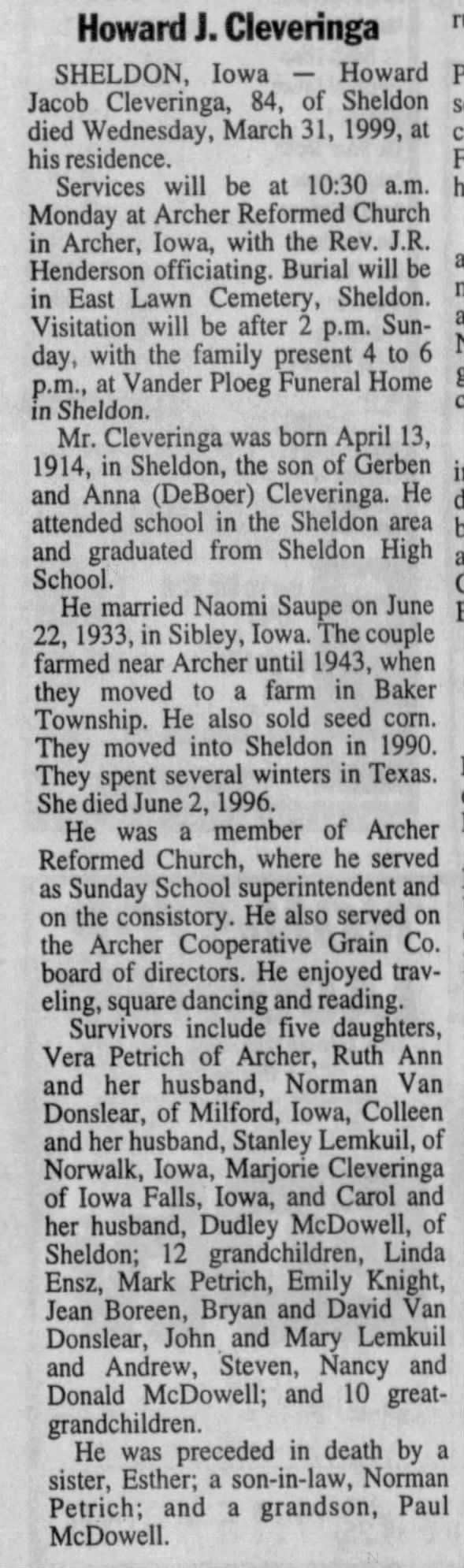 Obituary for Howard J Cleveringa